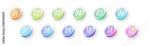 Bullet points numbers 1 to 12 list markers glassmorphic for timeline, Infographic, process, sequential processes, annual highlights, progress