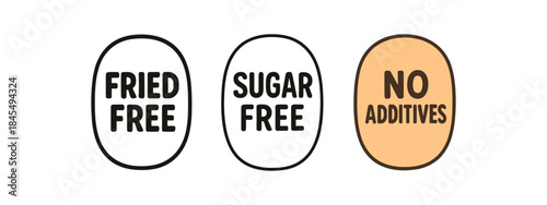 Food label badge icon set. Fried free, sugar free, no additives, dietary restriction symbol. Outline flat and colored vector illustration.