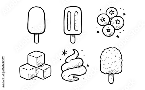 Hand-drawn collection of frozen treats and ice cream elements