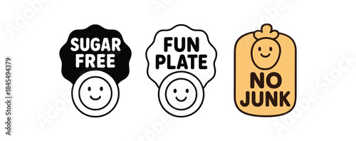 Flat vector illustration kids menu badges with text sugar free fun plate no junk