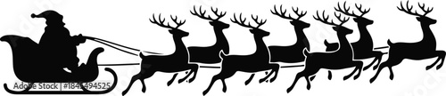 Vector silhouette illustration of Santa Claus riding in his sleigh pulled by a full team of flying reindeer.