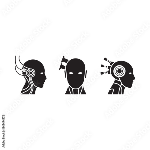 Three silhouetted heads with futuristic cybernetic implants and digital brain interfaces