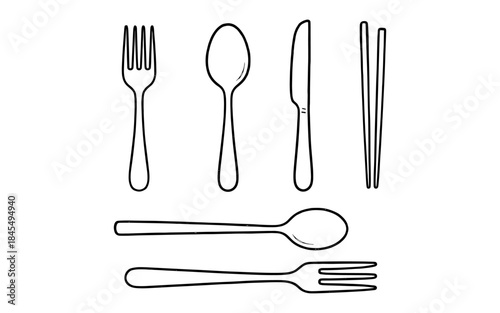 Collection of hand-drawn cutlery and chopsticks on a white background