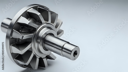 Precision machined metal impeller component with polished shaft detail against a clean light background