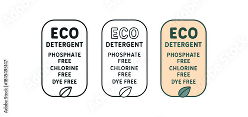 Flat vector illustration eco detergent labels with text phosphate free chlorine free dye free