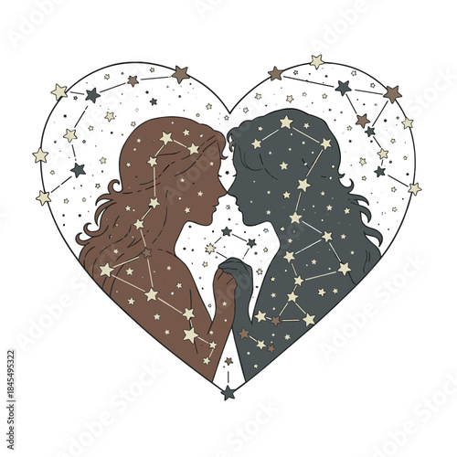 Heart-shaped star map illustrating two mythological lovers in embrace  
