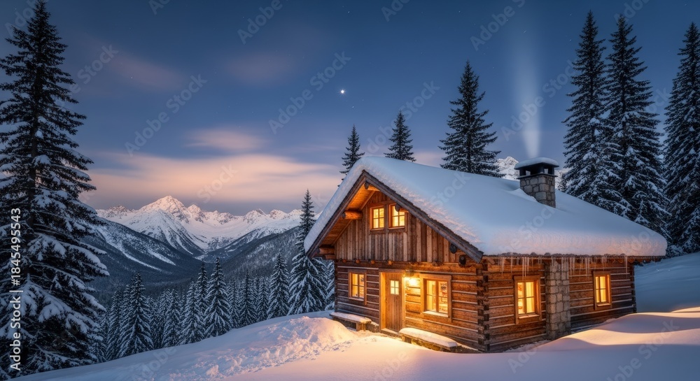 Fototapeta premium Cozy Snowy Cabin in the Mountains at Dusk with Warm Lighting and Snow-Covered Trees