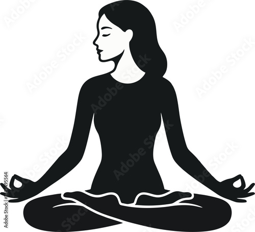 Meditation Silhouette Vector. Woman in Lotus Yoga Pose for Mindfulness and Mental Health Concept Isolated on White