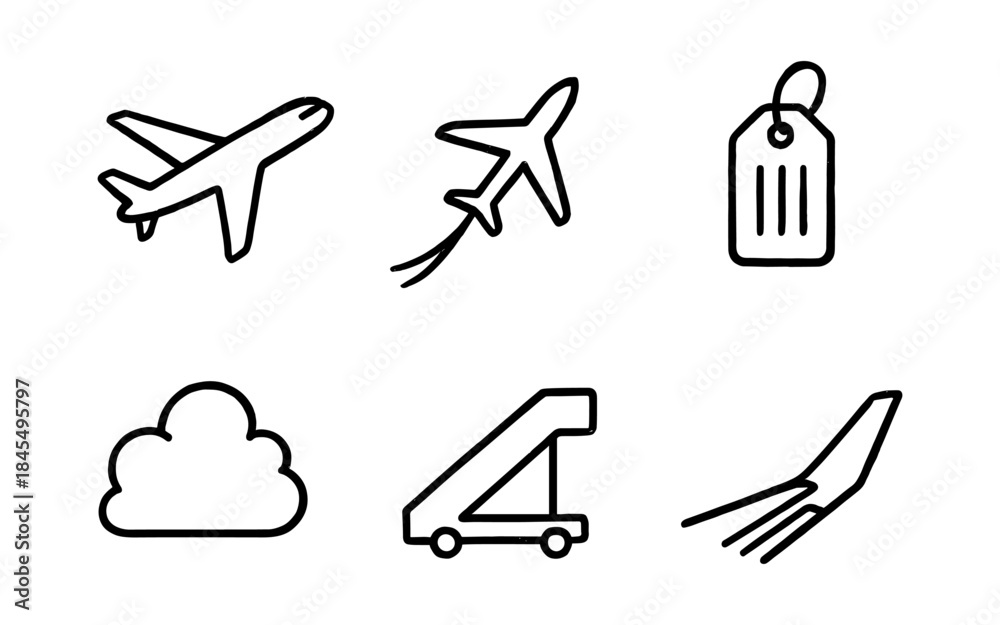 Obraz premium Collection of simple line art icons related to air travel and aviation themes