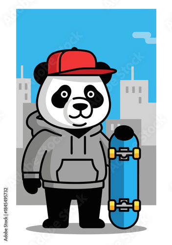 Cool Cartoon Panda Skater Wearing Hoodie and Cap with Skateboard in City