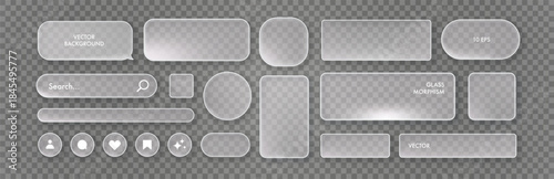 Glassmorphism UI design elements set on transparent background. Frosted glass shapes, icon, button, screen mobile for web, app, banner, and social media design projects