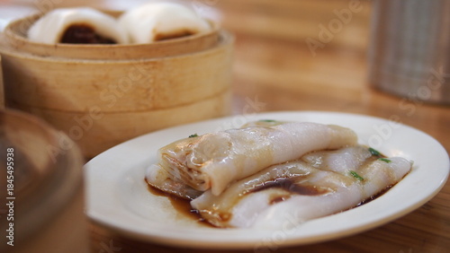 Chinese style restaurant dim sum, meat rice rolls in Hong Kong  Cheung Fen 腸粉 