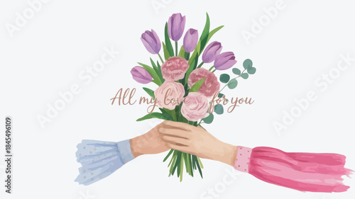 Minimalist watercolor illustration of hands exchanging bouquet flowers