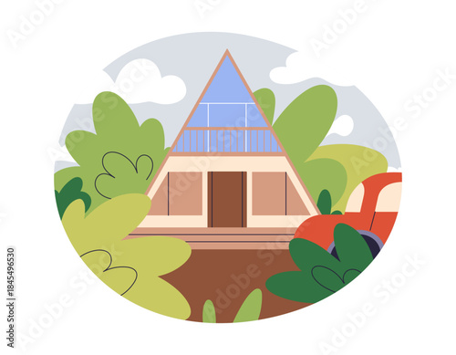 Modern cabin house surrounded by trees and nature landscape, summer building, holiday home of triangle shape, modern wooden construction with comfortable terrace in nature flat vector illustration.
