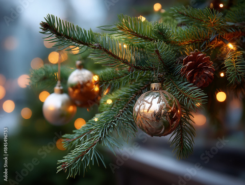 Christmas tree branch decorated with festive ornaments and lights