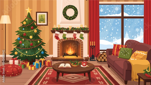 Cozy Christmas Living Room: A warm and inviting Christmas living room, adorned with festive decorations, a crackling fireplace, and a beautifully decorated tree.