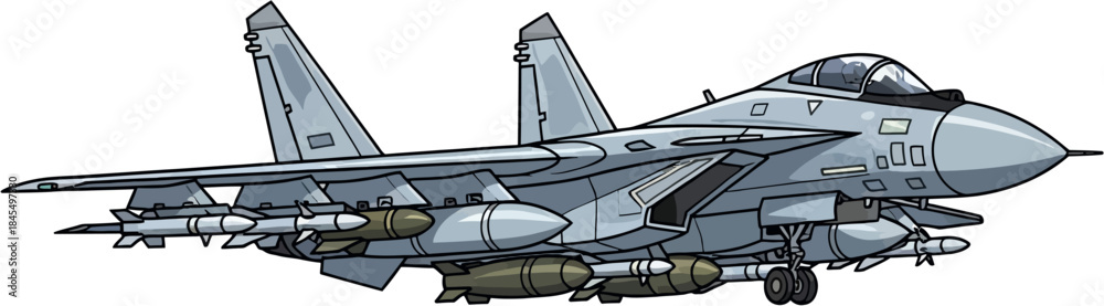 Fototapeta premium Fighter Jet Vector Illustration, Twin Engine Combat Aircraft For Air Defense And Tactical Operations