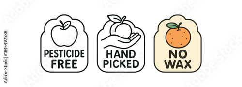 Flat vector illustration fresh produce labels with text pesticide free hand picked no wax