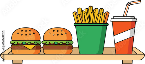 Fast food meal set with burgers, french fries, and soda, colorful cartoon illustration isolated on white background