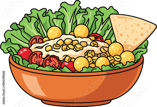 Fresh vegetable salad bowl with lettuce, tomatoes, corn, dressing and tortilla chip, colorful cartoon healthy food illustration