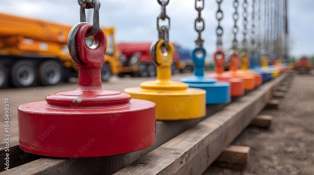 Fototapeta premium Row of colorful industrial lifting magnets suspended by chains on wooden beams at an outdoor construction site