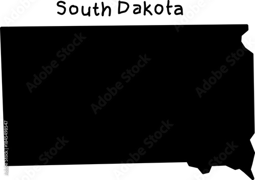 Black silhouette map of South Dakota isolated on white background, simple geographic shape ideal for education, travel, infographic, and design use.