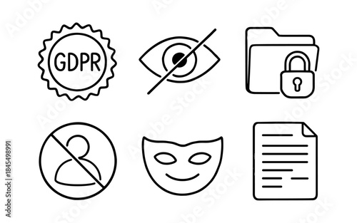 Set of icons representing data privacy, security, and legal compliance concepts