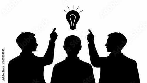 Three people pointing at a lightbulb idea in a meeting