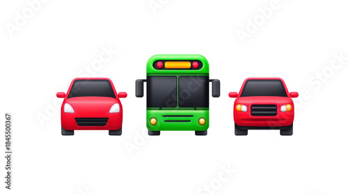 Red car, green bus, and another red car emoji illustration, isolated on transparency background, representing transportation, travel, and urban commuting in playful and colorful style
