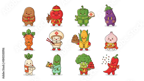 Cute cartoon vegetables and mushroom characters dressed in traditional Asian clothing, holding various cultural items, on a white background.
