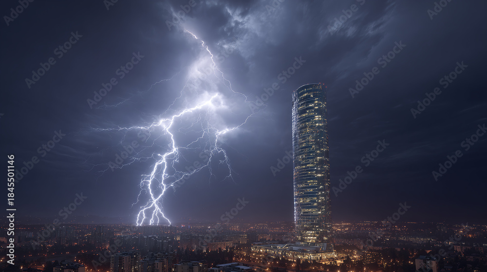 Obraz premium A skyscraper daringly touched by a lightning strike in a dark stormy night
