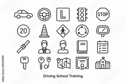 Driving school symbols: education, safety, and road sign icons set