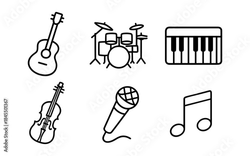 Collection of musical instrument icons and symbols in a simple line art style
