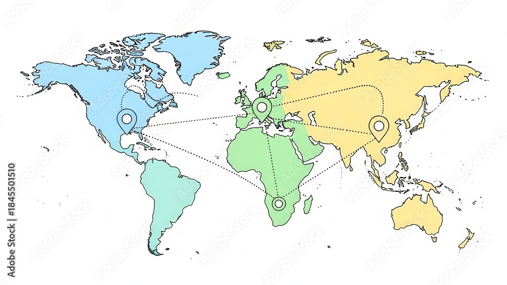 Fototapeta premium Global Connections Map with Marked Locations and Dotted Lines