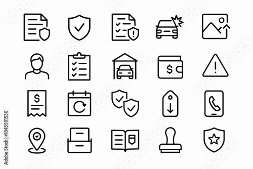 Set of 20 line icons: insurance, security, documents, and alerts