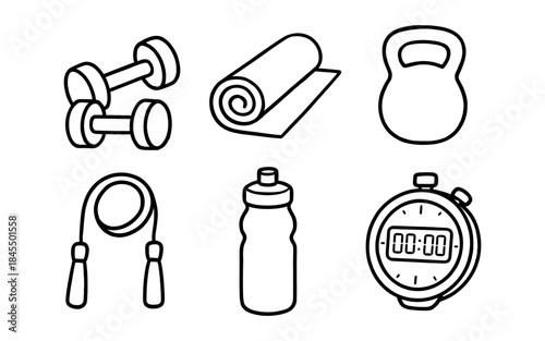 Collection of hand-drawn fitness equipment icons on a white background