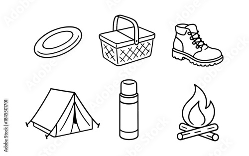 Collection of hand-drawn icons representing camping and outdoor adventure gear
