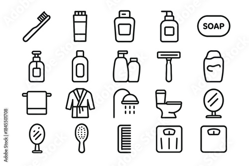 Bathroom essentials icons: soap, shampoo, towels, mirror, toothbrush, razor, weighing scale