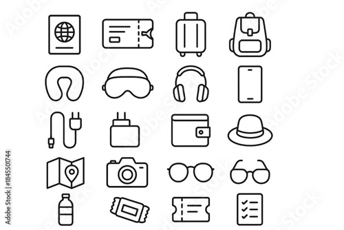 Travel essentials icons: passport, ticket, luggage, backpack, and accessories