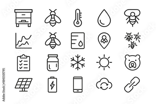 Beekeeping and weather icons: bees, thermometer, jar, bear, sun, and more