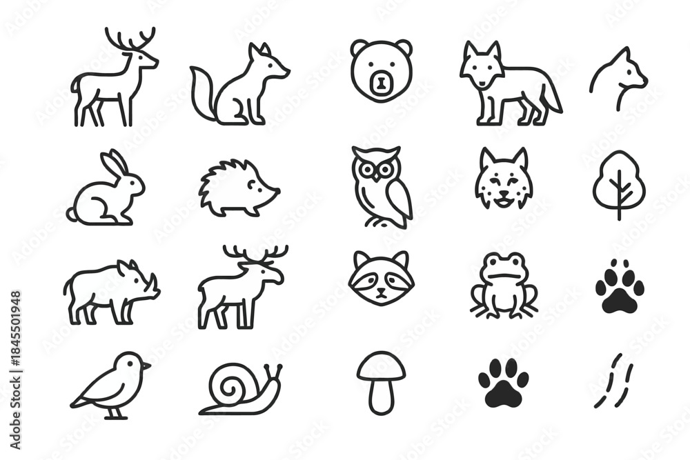 Naklejka premium Simple animal outline illustrations: deer, fox, bear, rabbit, owl, snail, and more