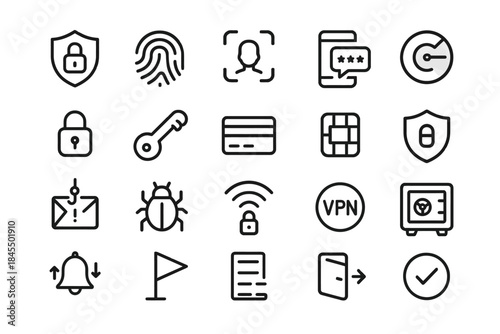 Vector icons representing cybersecurity measures and digital protection features