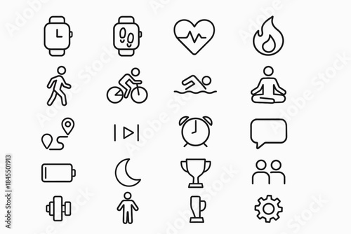 Fitness and activity icons: exercise, heart health, relaxation, navigation