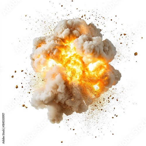 Large explosion is depicted in image, with cloud of smoke and debris surrounding blast. scene is intense and chaotic, with explosion leaving trail of destruction in its wake