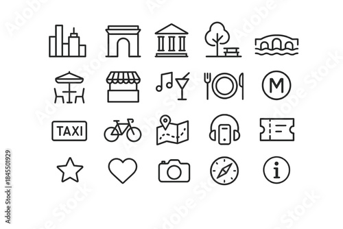City icon set: buildings, landmarks, dining, transportation, leisure symbols