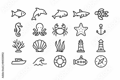 Set of nautical and marine icons featuring sea creatures and ocean objects