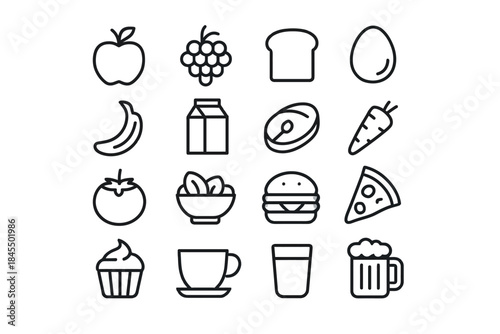 Set of minimalistic food icons including fruits, drinks, and snacks