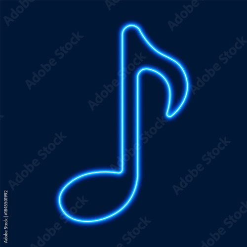 Blue neon music note, vector illustration.