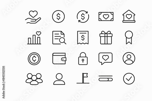 Finance and charity icon set: money, heart, gift, lock, wallet, chart, document, people