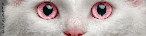 Fototapeta na wymiar Elegant White Turkish Angora Cat with Striking Pink Eyes Posing Against a Soft Neutral Background